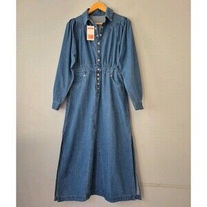 New Collection Long Sleeve Button Up Maxi Denim Jean Dress Pockets Womens Small